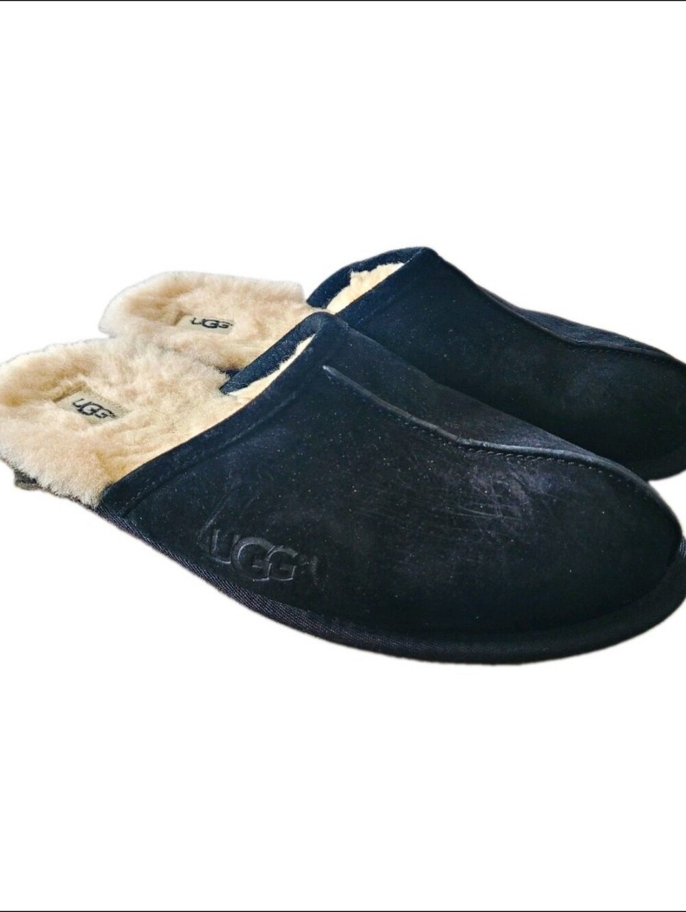 UGG Scuff Men's Black Suede Sheepskin Lined Slip-On Slippers US 12 EU45 Cozy Lux